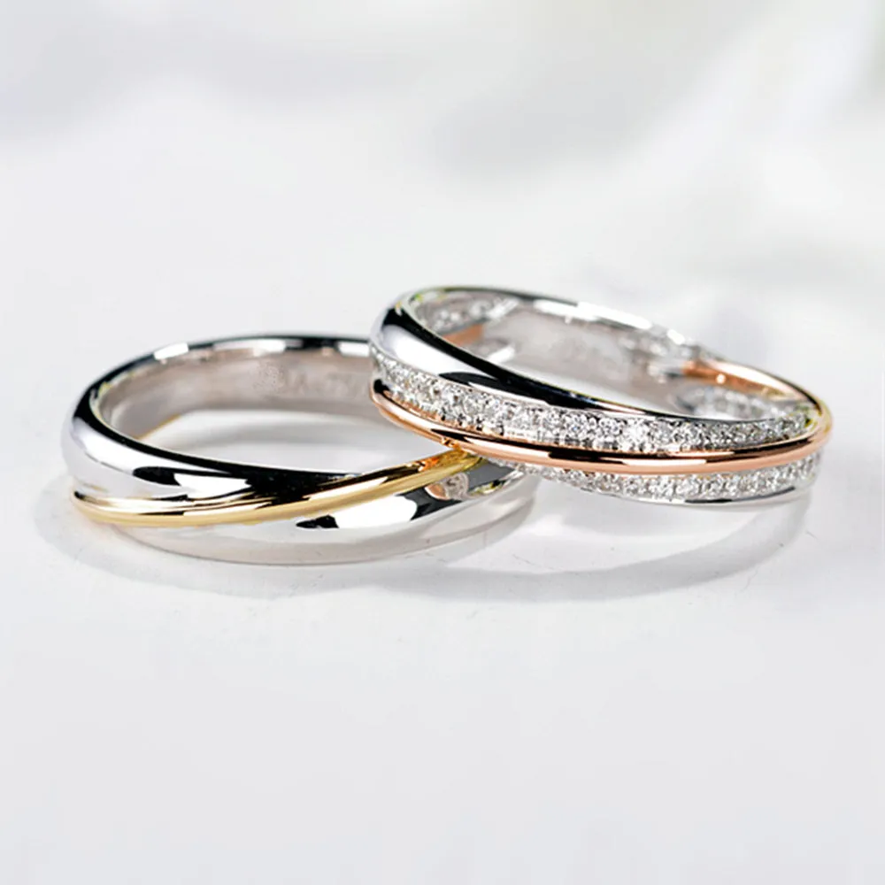 Two Tone Gold Diamond Wedding Matching Couple Rings