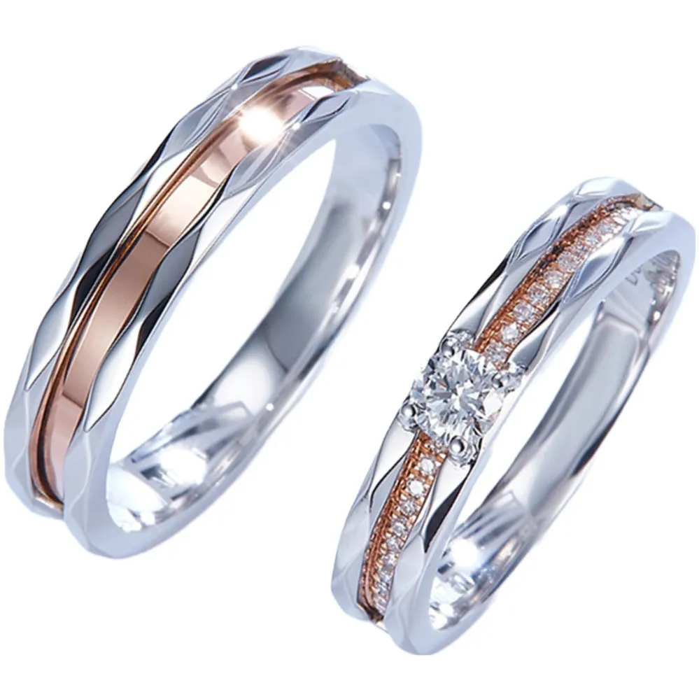 Two Tone Gold Diamond Wedding Matching Couple Rings