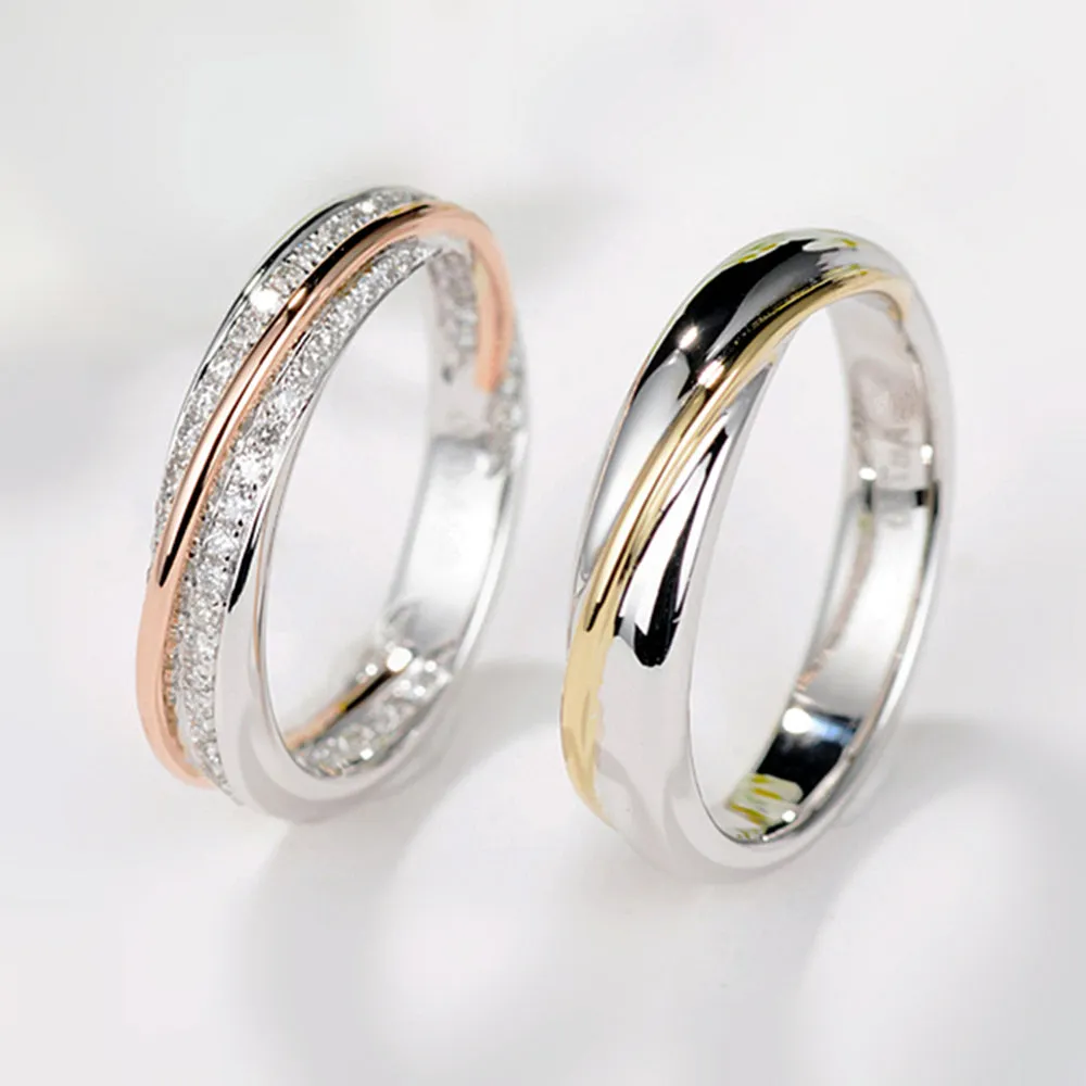 Two Tone Gold Diamond Wedding Matching Couple Rings