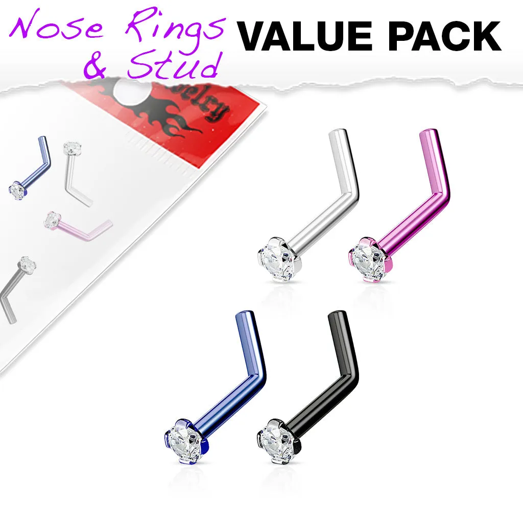 Value Pack 4 pcs Titanium Prong Set CZ L Bend  Nose Stud Rings