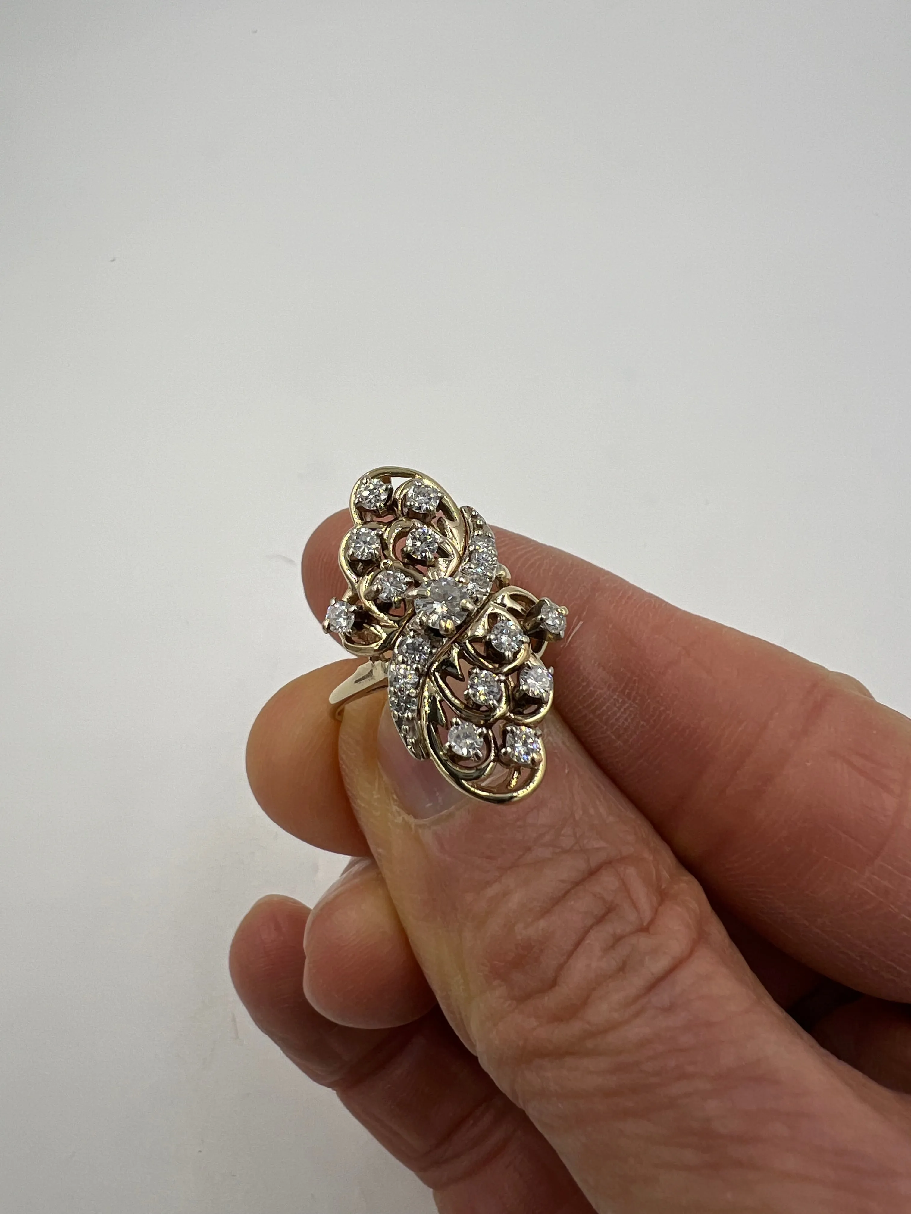 Vintage Diamond Yellow Gold Elongated Cluster Ring Circa 1970s