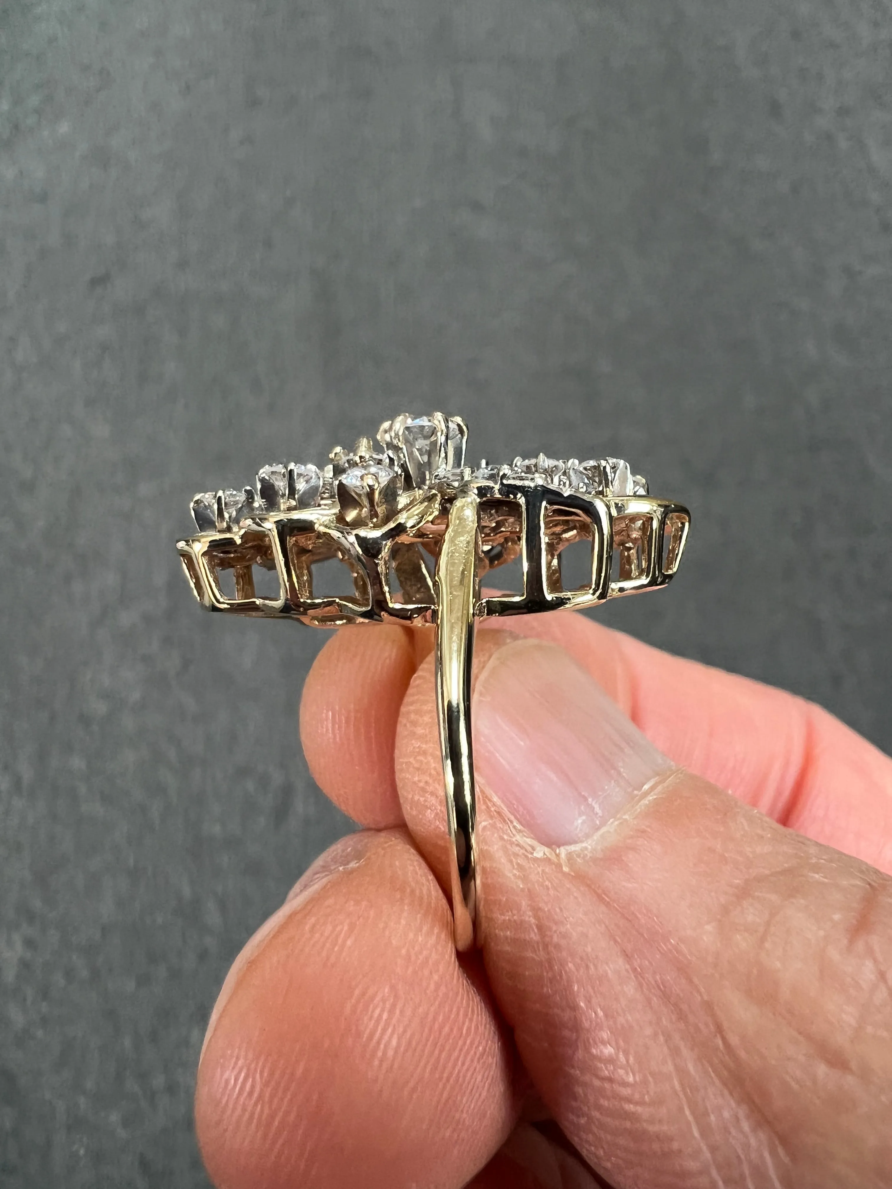 Vintage Diamond Yellow Gold Elongated Cluster Ring Circa 1970s