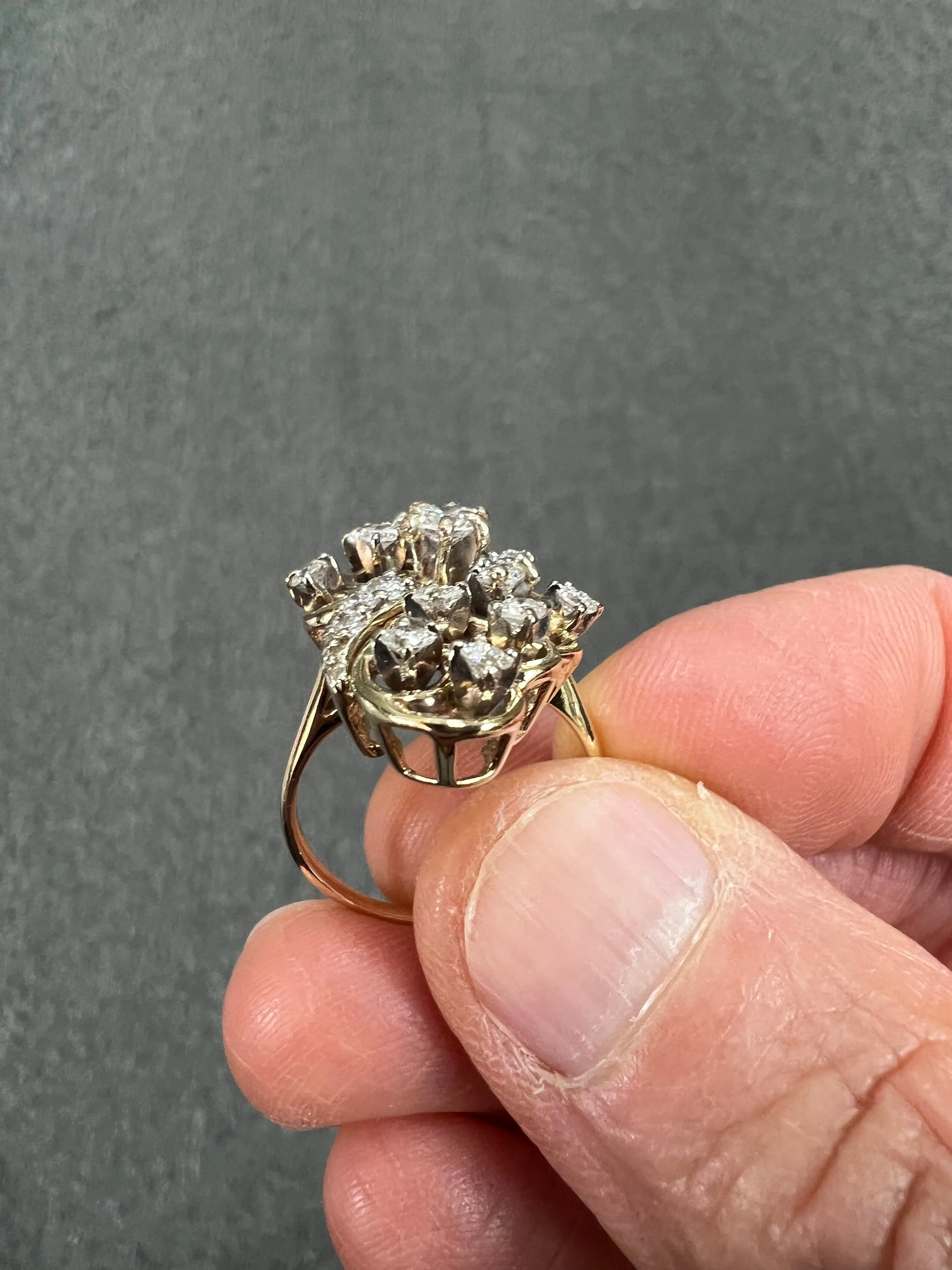 Vintage Diamond Yellow Gold Elongated Cluster Ring Circa 1970s