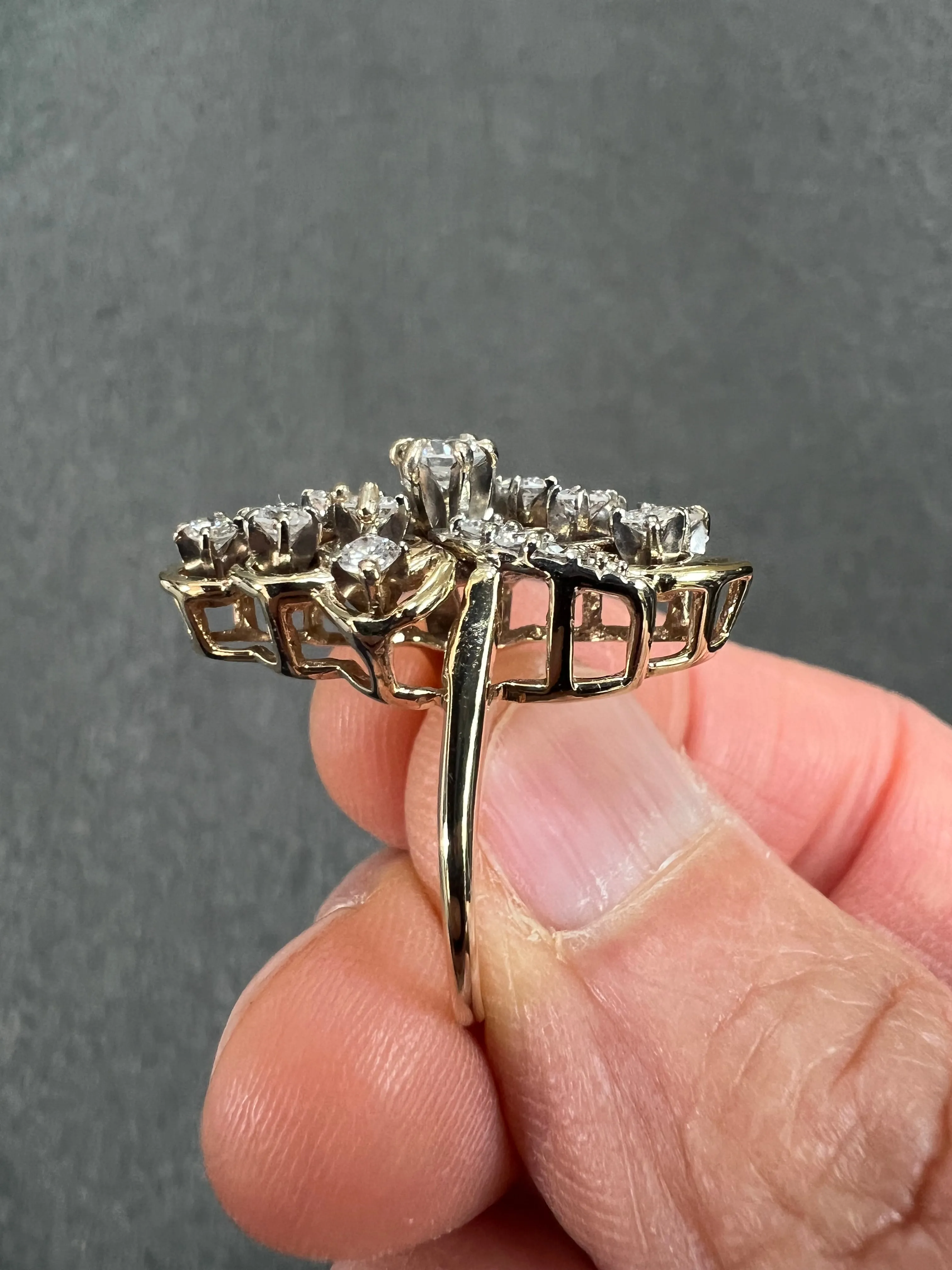 Vintage Diamond Yellow Gold Elongated Cluster Ring Circa 1970s