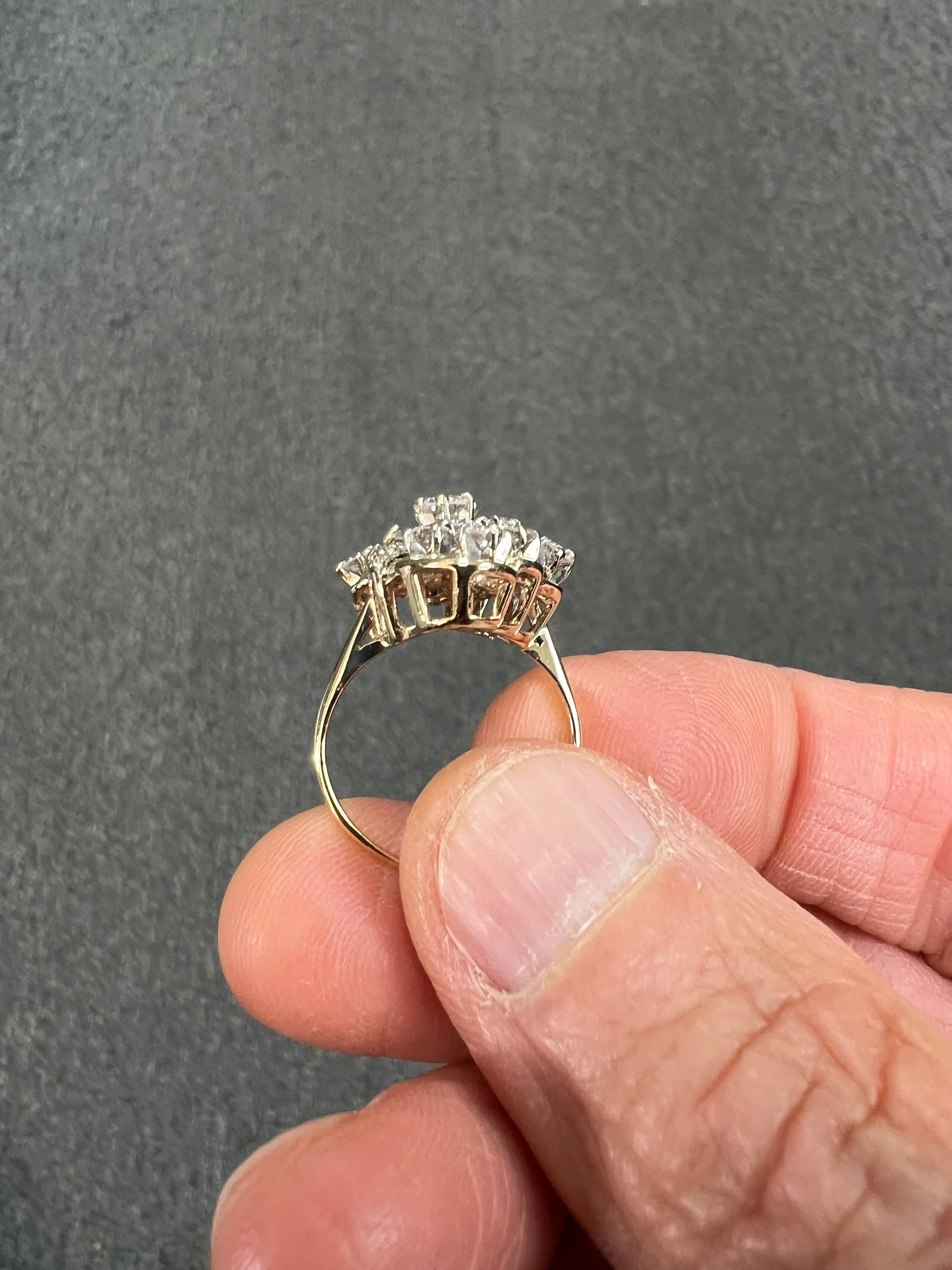 Vintage Diamond Yellow Gold Elongated Cluster Ring Circa 1970s