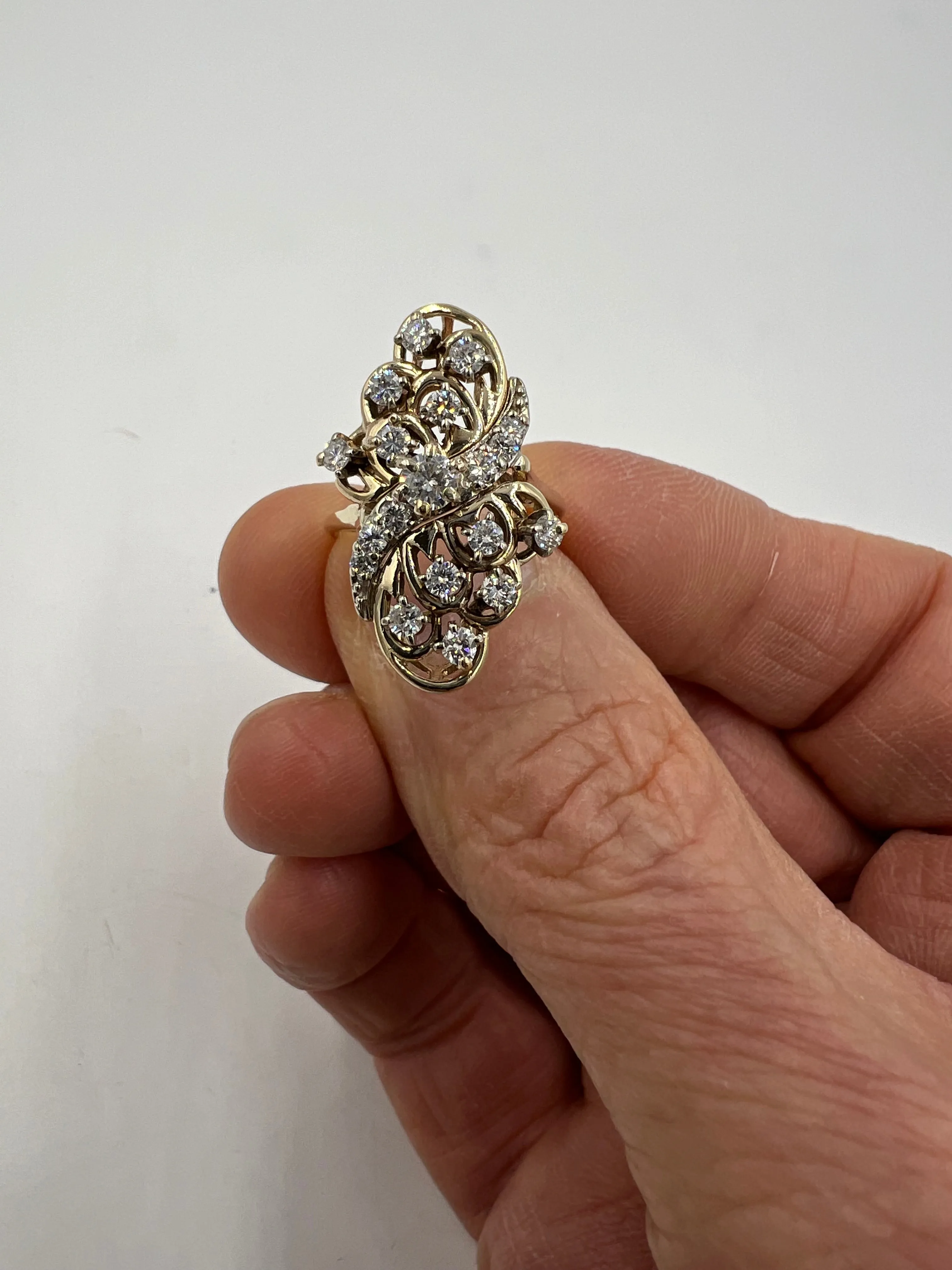 Vintage Diamond Yellow Gold Elongated Cluster Ring Circa 1970s