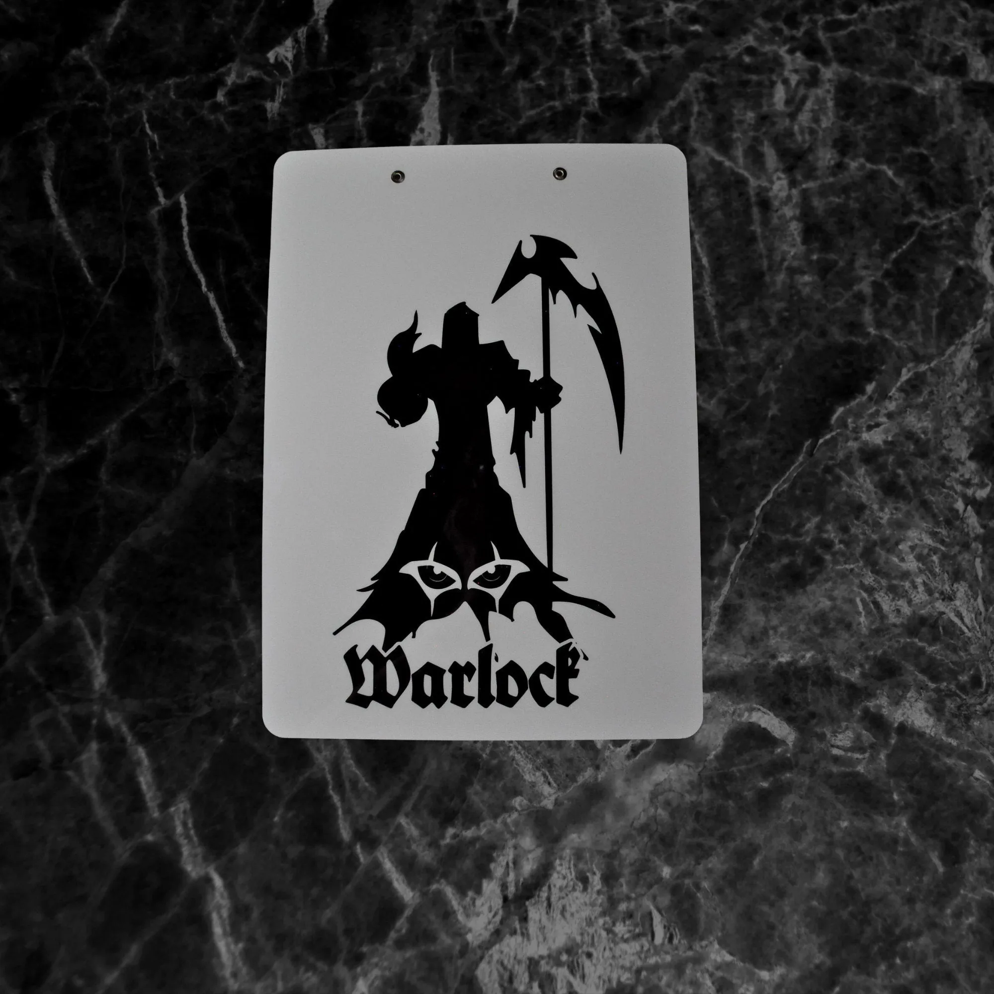 Warlock Character Sheet on a dry erase clipboard