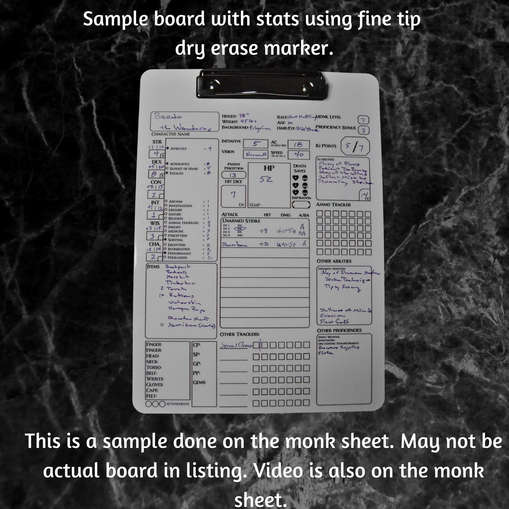 Warlock Character Sheet on a dry erase clipboard