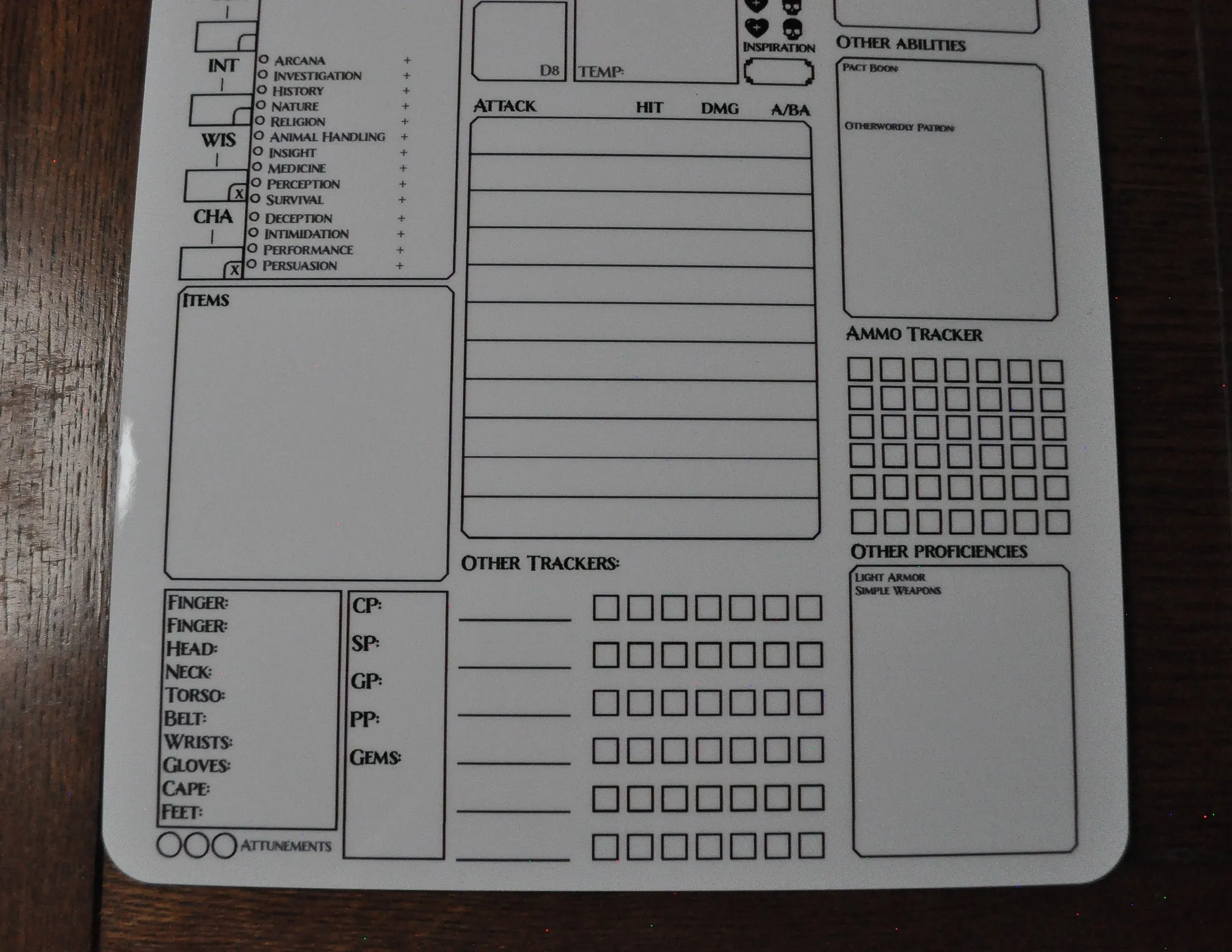 Warlock Character Sheet on a dry erase clipboard