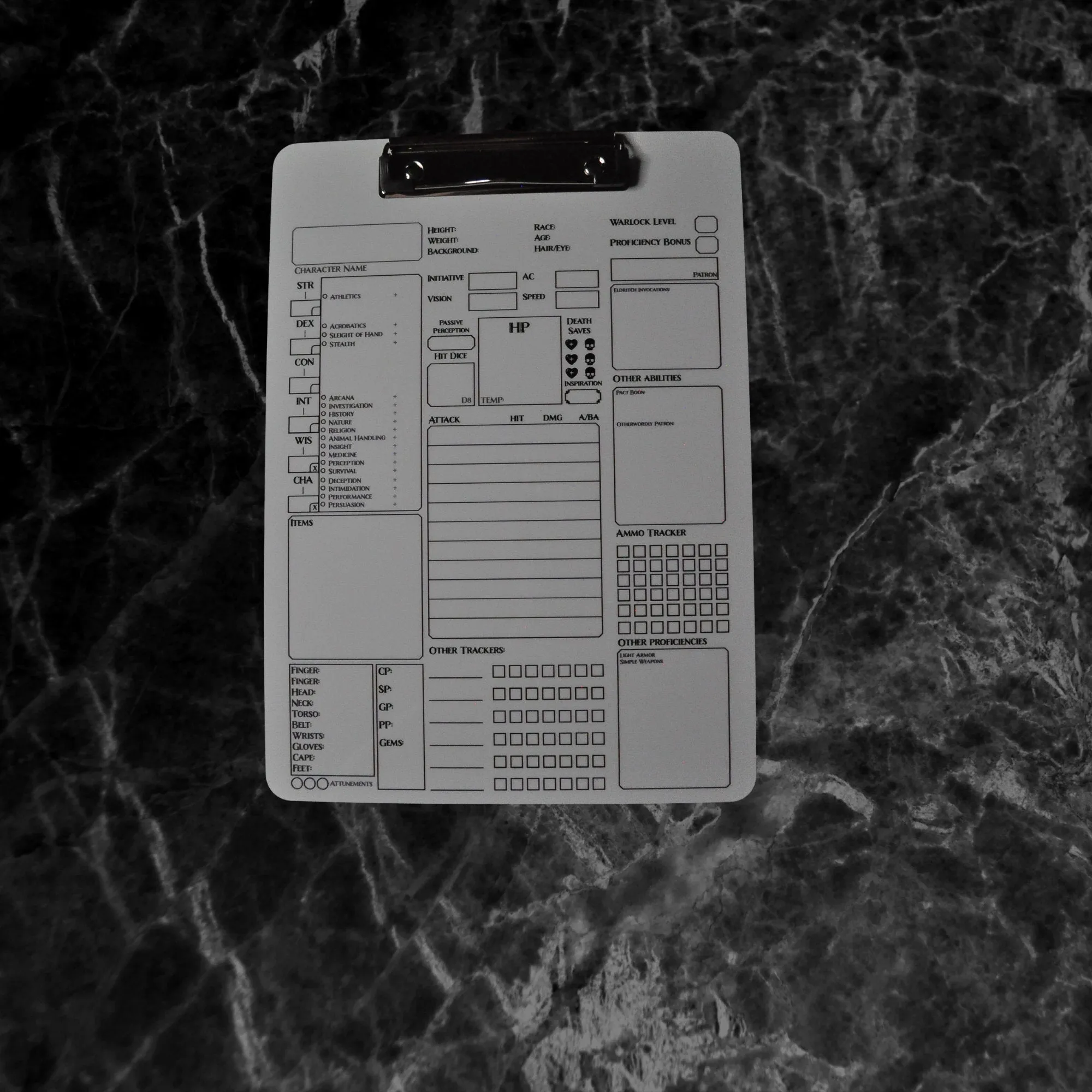 Warlock Character Sheet on a dry erase clipboard