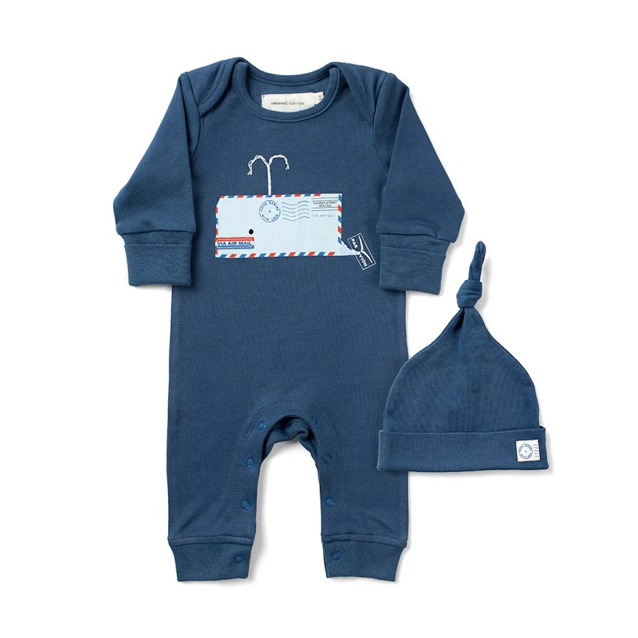 Whale organic baby grow and knot hat gift set